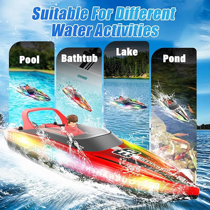 RC Boat with LED Lights 40+ Mins Self-Righting Waterproof Remote Control Boat for Pools Lakes Bathtubs Summer Water Toys for Kids Radio Controlled Watercraft (Red)