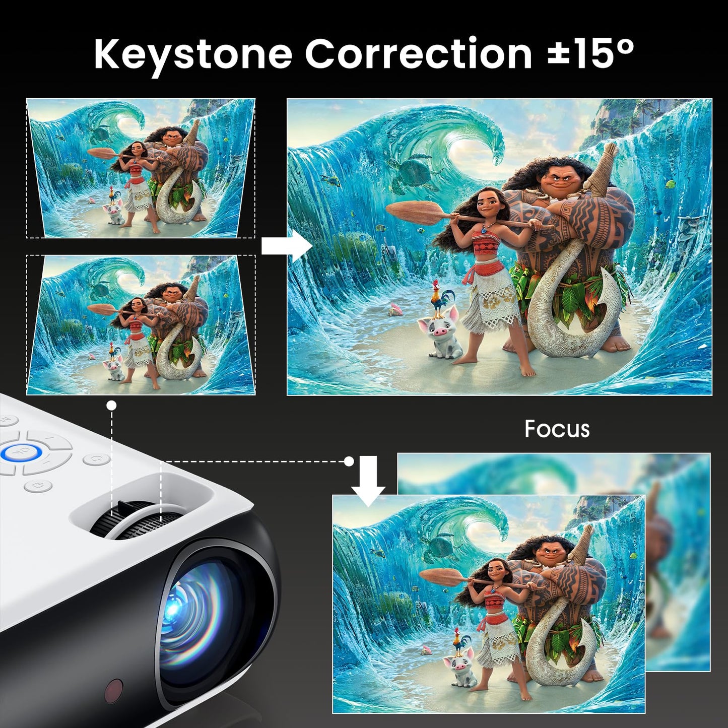 HAPPRUN Native 1080P Bluetooth Projector, Full HD Portable Outdoor Movie Projector with Built-in Speaker, Compatible with Smartphone, HDMI, USB, AV, Fire Stick, PS5 for Home, Bedroom, Outdoor Use
