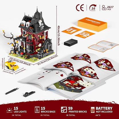 Halloween Midnight Haunted Mansion Lighting Building Bricks Set - Ghost Specter Phantom House City Town Modular Collection Kit 2617 Pcs for Adults &amp Teens