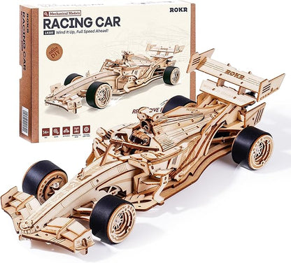 ROKR 3D Wooden Puzzle 1:18 Scale Formula Racing Cars for Adults 5 Hour Build Wind up Toys Model Car Kits for Adults to Build Ideal Gift for Boys and Men