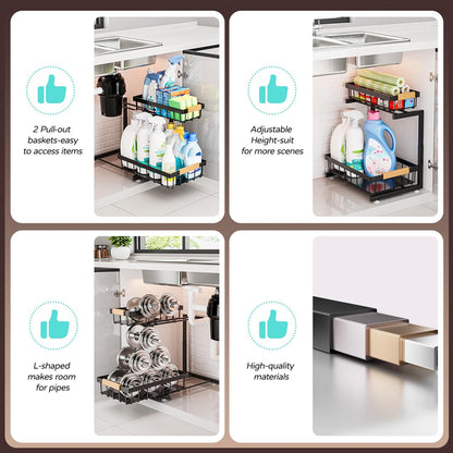 ADBIU Under Sink Organizer, 2 Pack 2 Tier Expandable Height (13.2" - 17.2") Pulling Out Kitchen Bathroom Cabinet Organizers