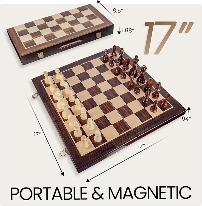 17 Magnetic Wooden Chess Set - Large Folding Portable Travel Chess Board - Hand Carved Pieces - Foam Storage Slots - 2 Extra Queens - Tournament and Beginner Play - Adults and Kids