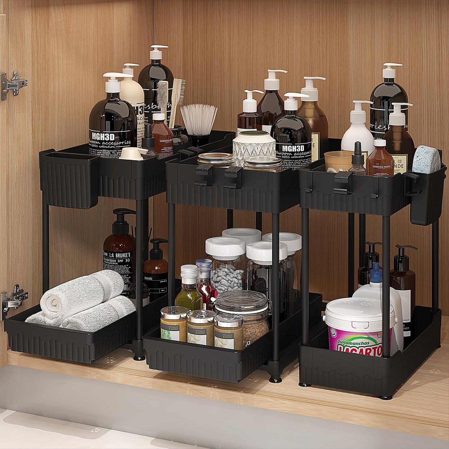 Sevenblue 3 Pack Under Sink Organizers, 2-Tier Multi-Use Kitchen and Bathroom Organizers and Storage with Sliding Drawers，Bathroom Cabinet Organizer (Black, 12.8 Inch)