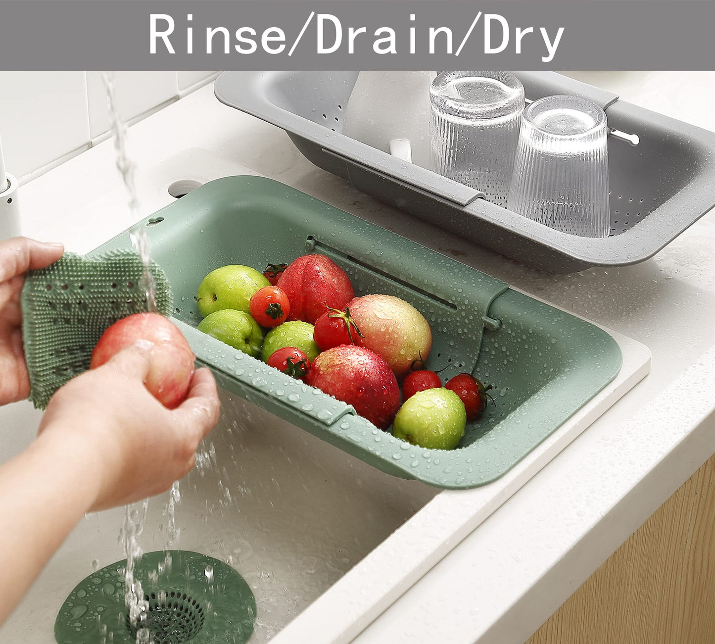 Adjustable Over the Sink Colander Strainer, Silicone Clip On Strainer for Pots Strainers and Plastic Colanders Drainer Basket for Food Pasta Vegetables Kitchen, Extendable 14.5"-19.5", Green
