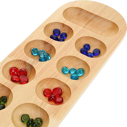 WE Games Classic Mancala Board Game 22 inch Large Natural Wood Board with Assorted Glass Mancala Stones African Stone Game Table Top Décor