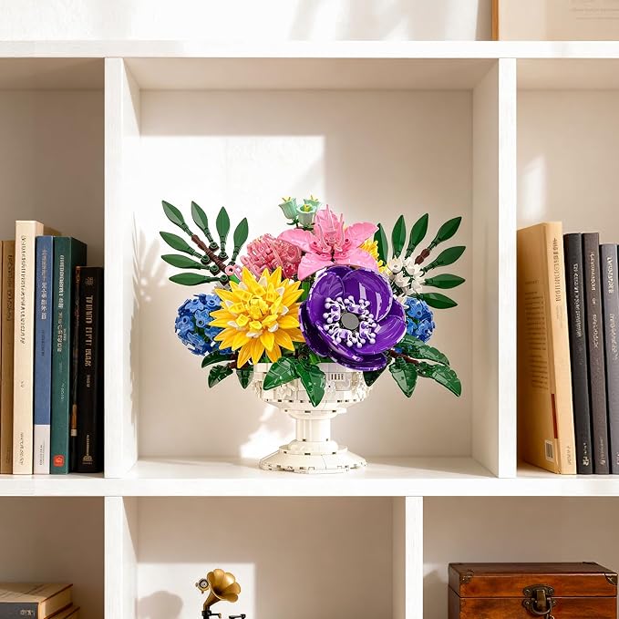 Botanicals Flower Bouquet Building Block Sets Includes Hydrangea Dahlia Azalea Artificial Flowers Arrangement With Vase Valentine's Day Gift For Her Women Girls Floral Table Centerpiece