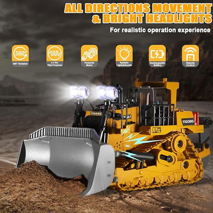 Remote Controlled Bulldozer 9-Channel Metal RC Construction Vehicle Toy with Lights Sound and Rechargeable Battery Remote Controlled Bulldozer Toy Gift for Kids Boys Girls Aged 4-12 (2.4 GHz)