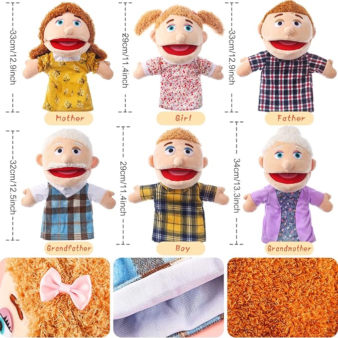 6 Pcs Family Hand Puppets 12 Inch Grandparents Mom &amp Dad Brother &amp Sister Plush Hand Puppet Toys Role-Play Toy Puppets for Kids Storytelling Imaginative Pretend Play Teaching Preschool(6 Fam