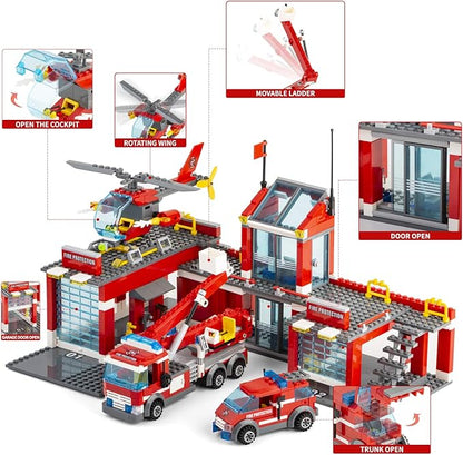 QLT QIAOLETONG City Fire Station Building Kit 774 Pcs Building Set Including Fire Station Fire Truck Fire HelicopterFire Fighter City Building Blocks STEM Toys Gift for Boys 6-10 Years Old.