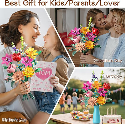 Flowers Bouquet Building Set 887 Pcs with Flower Artificial Roses for Home Office Decoration Gift for Mother's Day Valentine's Day and Kids 6+/Adults Birthday