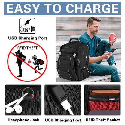 18.4 Laptop Backpack for Men, 60L Extra Large Gaming Laptops Backpack with USB Charger Port,TSA Friendly Flight Approved RFID Anti-Theft Pocket Heavy Duty Computer Bag Backbag,21.2*15.5*11.5 inch Grey