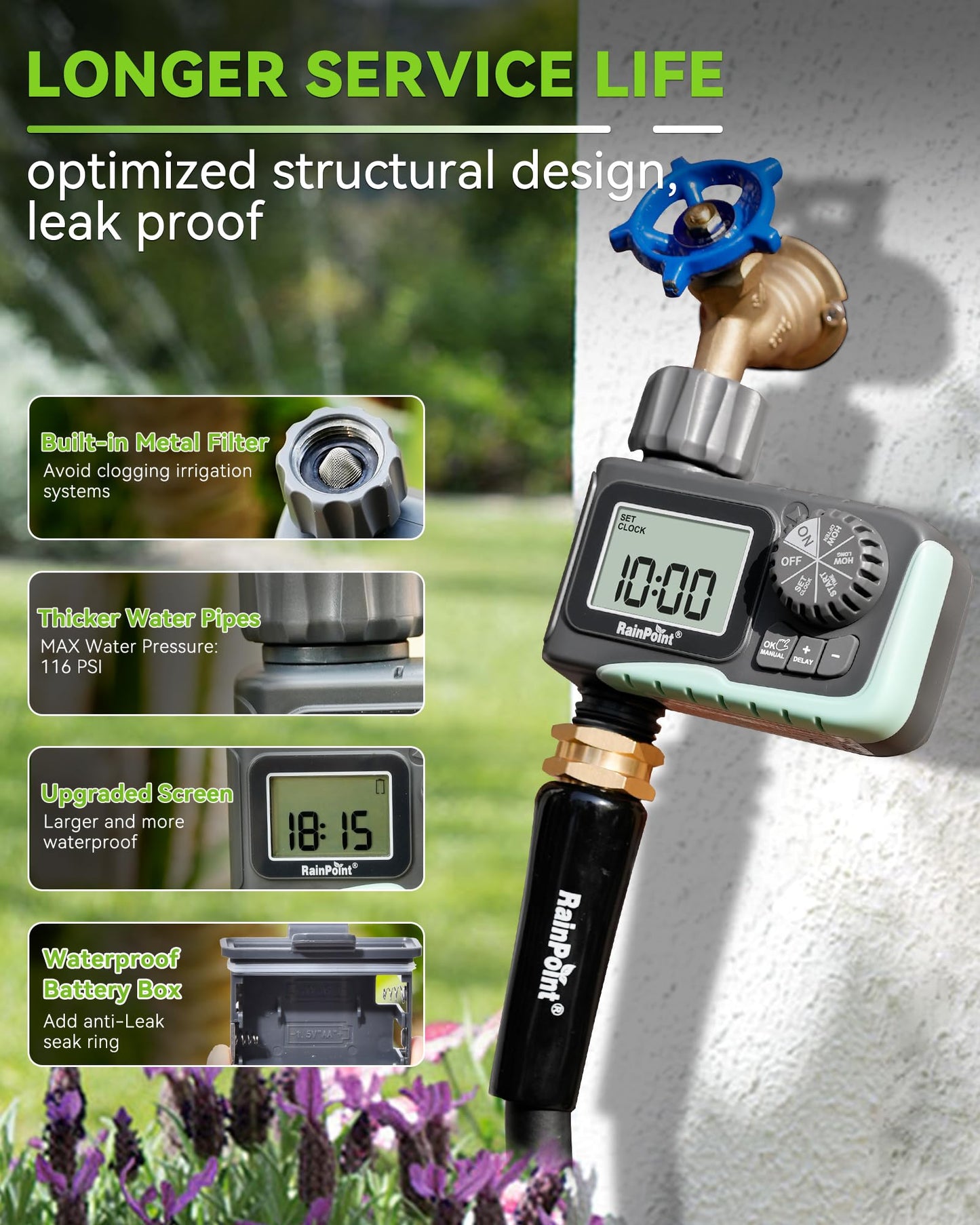 RAINPOINT Sprinkler Timer, Programmable Water Timer for Garden Hose, Outdoor Soaker Hose Timed with Rain Delay/Manual/Automatic Watering System, Digital Irrigation for Yard, Lawn, 1 Outlet