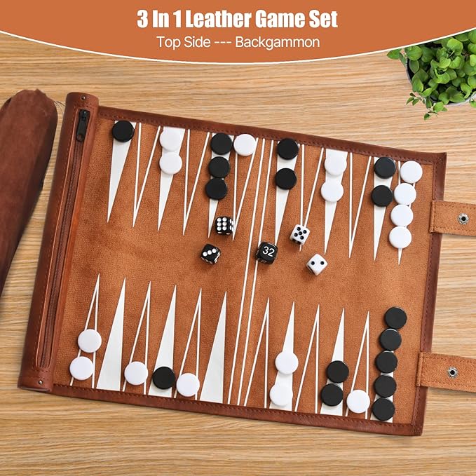 Chess Checkers and Backgammon Set 3 in 1 - Roll-up Leather Board Games Portable and Lightweight with Drawstring BagTravel-Size Board Game for Camping Backpacking Road Trips Adults