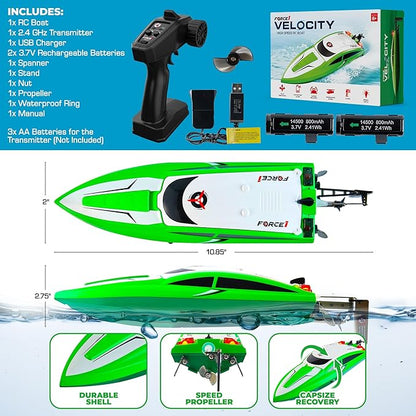 Force1 Velocity Green Fast RC Boat- Remote Control Boats for Adults and Kids Underwater Speed Racing Mini RC Toy for Pools and Lakes 2.4GHZ Transmitter 2 Rechargeable Batteries Low Battery Alert