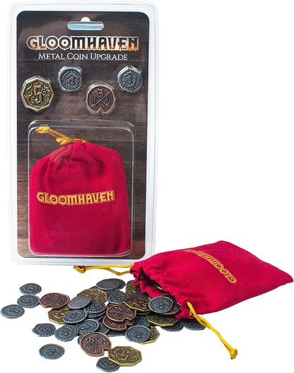 Cephalofair Games: Gloomhaven: Metal Coin Upgrade - 60 Coins &amp Drawstring Bag Board Game Accessory Metal Currency Detailed Art
