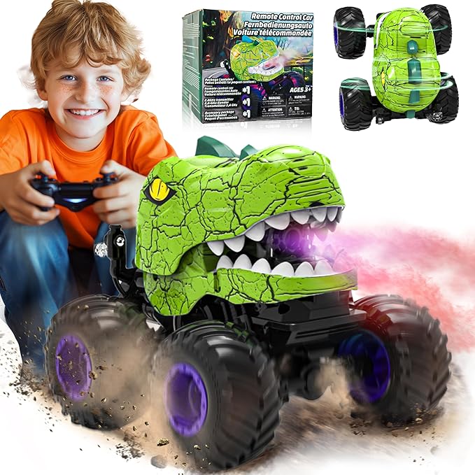 BEZGAR Monster Truck Toys - Remote Control Monster Truck with Spray Light Music Dinosaur Toys for Kids 1:20 Scale RC Truck with 360° Spins and Drifting Remote Control Car for Boys 4-7 Green