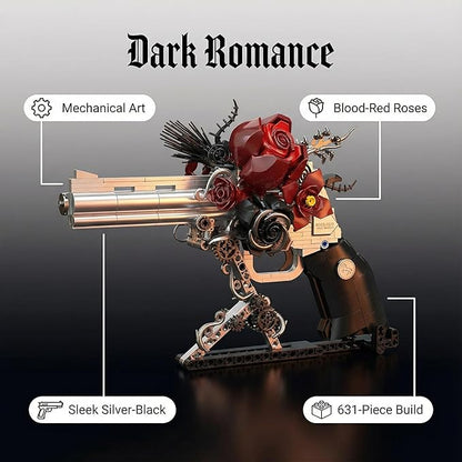 Gothic Rose Mechanical Display Building Blocks Set Black &amp Silver Floral Art Sculpture Model Kit Dark Goth Romance Desk Shelf Decor Gift for Valentine’s Day