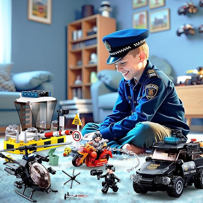 City Police Chase Building Set SWAT Police Building Kit with 4 Minifigures &amp Helicopter &amp Police Truck &amp Motorcycle Compatible with Lego City Police Station Gift for Boys Girls Aged 6+
