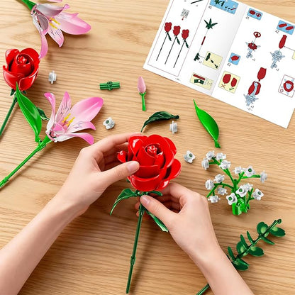 Rose Flower Bouquet Building Set with LED - Red Rose Botanical Collection Building Block Set for Adults Pink Lilies Artificial Plant for Home Decor Easter Gifts for Her Women Girls