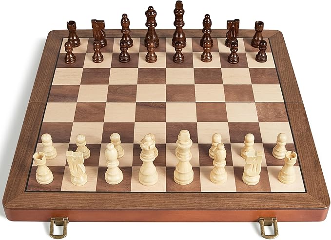 15 Wooden Chess Set with Magnetic Pieces - Extra Queens - Folding Chessboard Portable Travel Tournament Chess Board Games for Adults Kids