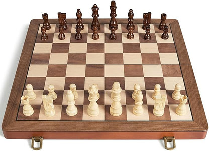 15 Wooden Chess Set with Magnetic Pieces - Extra Queens - Folding Chessboard Portable Travel Tournament Chess Board Games for Adults Kids