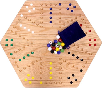 AmishToyBox.com Wahoo Wooden Marble Game Board Set - Large 24 Wide - Solid Oak Wood - Double-Sided - with Large 22mm Marbles and Dice Included