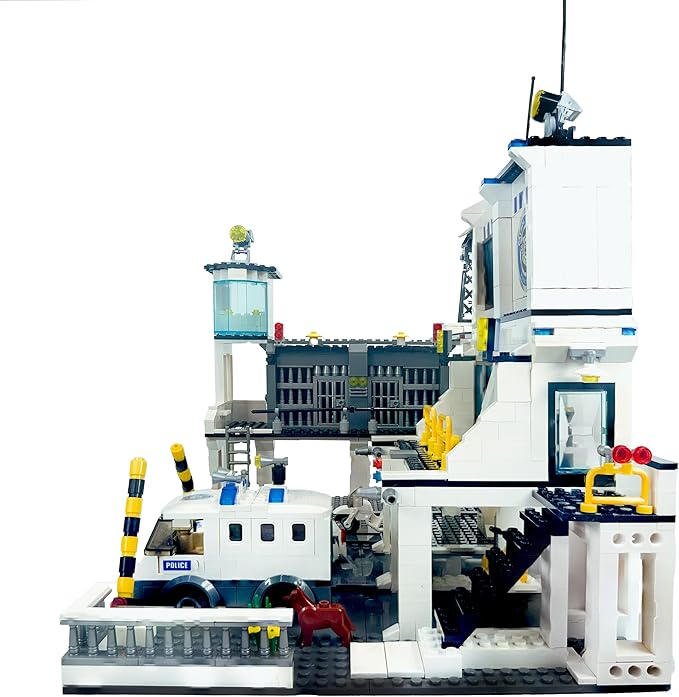 General Jim's Police Station and Jail Building Blocks Set - Multi-Level City Set with Police Vehicles Guard Lookout and Command Center - Compatible with Major Brick Building Brands