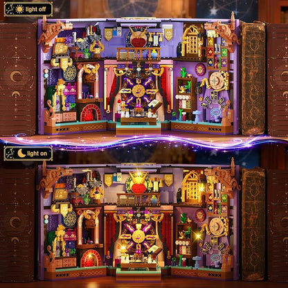 Upgraded Mystic Divination Book Nook Building Set with Rechargeable Lights 1447 PCS DIY Magic Booknook Building Block Kit Home Decor Miniature Book House Model Gift for Adults Boys Girls 12+