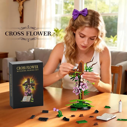 Cross Flower Building Set Religious Cross Collectibles Compatible with Lego Jesus Catholic Building Toys Easter Christian Birthday Gifts for Mothers Women or Adults