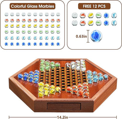 14.2 Wooden Chinese Checkers Board Game with Storage Drawer | 6-Player Marble Strategy Game | Classic Family Board Game for Kids &amp Adults | 16mm 60+12 Colorful Glass Marbles More Easy Grasping