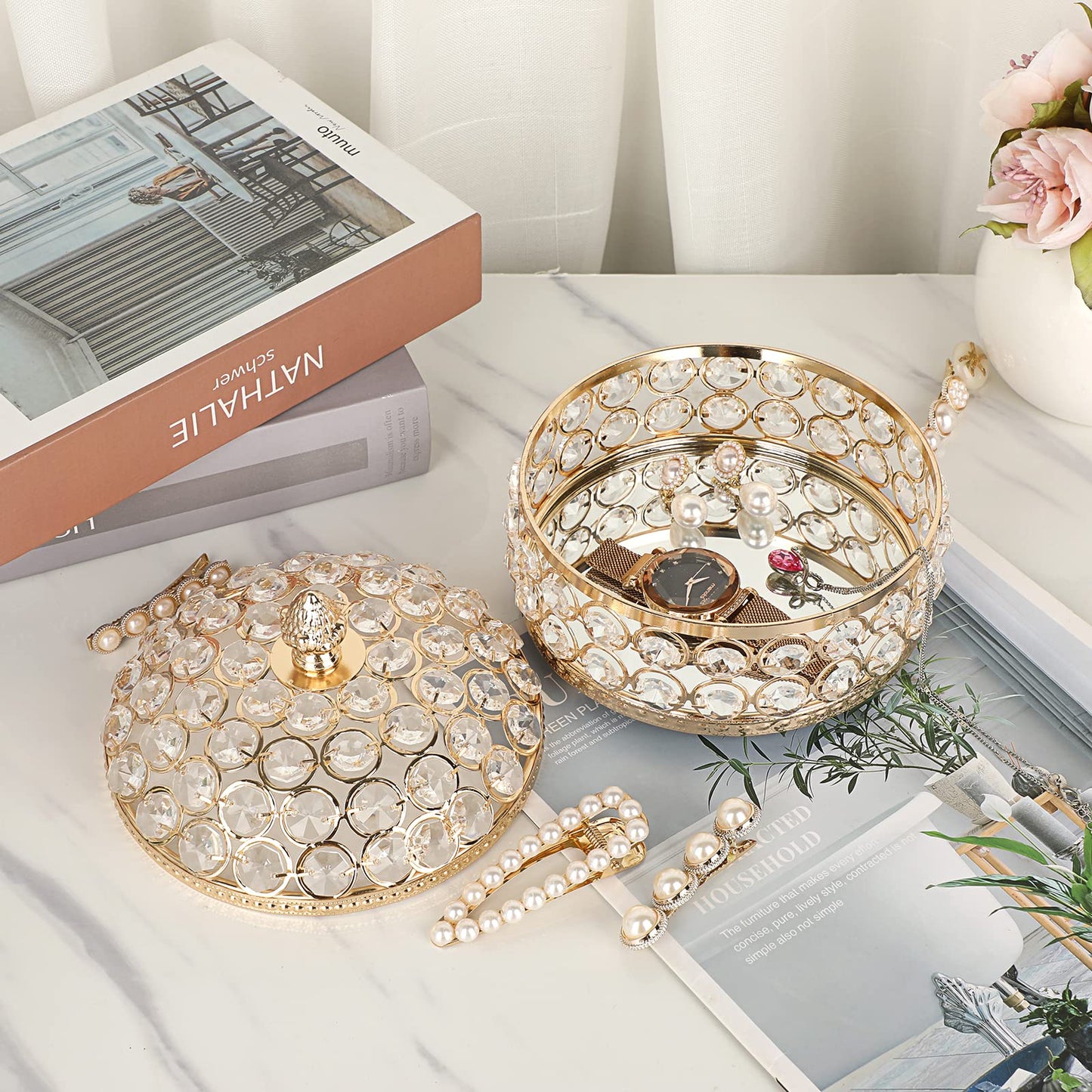Hipiwe Crystal Jewelry Box Jewelry Trinket Organizer Box Gold Treasure Box Luxury Home Decor Ring Earrings Storage Holder Keepsake Box for Women,X-Large