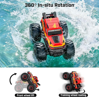 WayEee Remote Control Car Toys for Kids 6+ RC Car Waterproof Monster Truck Toys Amphibious 4X4 Pickup All Terrain Off-Road Vehicles 2.4GHz Remote Control 1/18 Scale RC Truck Boys Gifts/Red