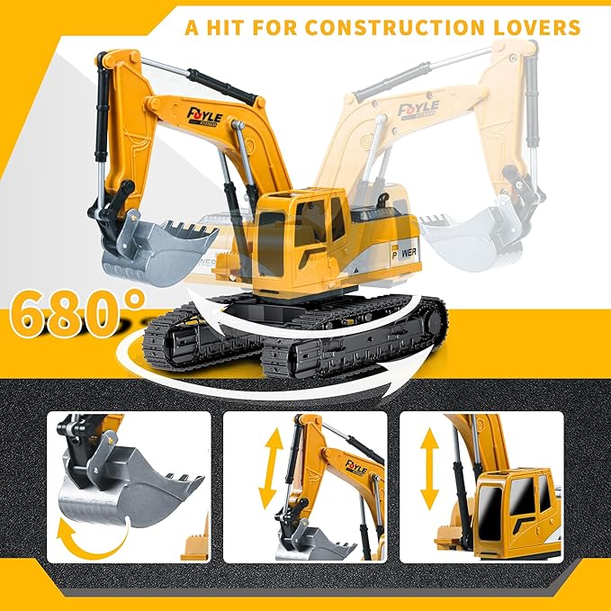 Remote Control Excavator Toys 1: 24 Engineering Digger Truck for Boys with Metal Shovel Lights Sounds Turns 680 Degree 2.4 GHz Construction Toys Christmas Birthday Gift for Kids