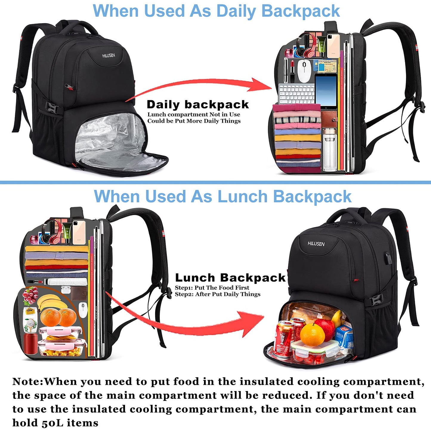 HILUSEN Extra Large Backpack for Men 50L, Insulated Cooler Lunch Box Backpack, Water Resistant 17inch Travel Laptop Work Bookbag with USB Charging Port,Black