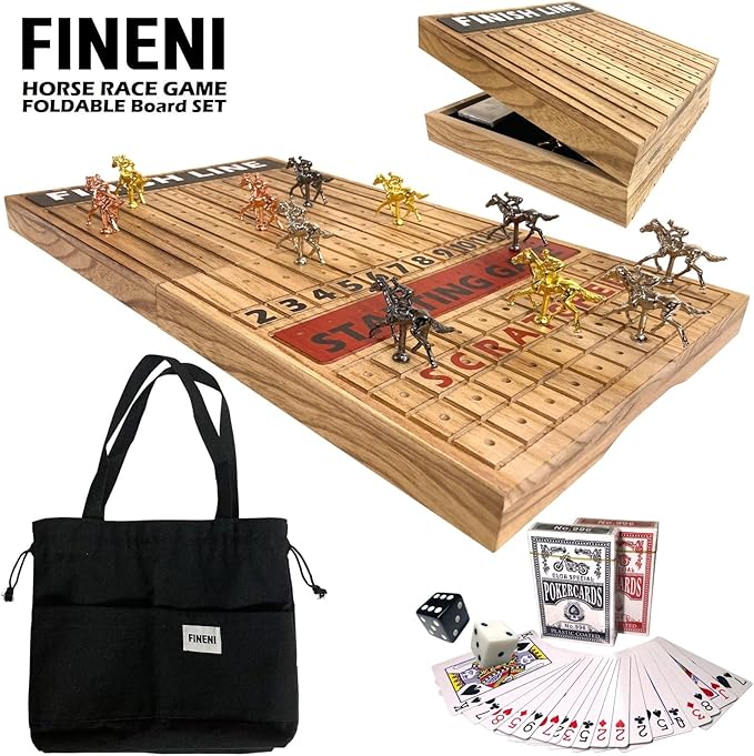 Horse Racing Game for Adults Foldable Horse Race Board Game with 11 Luxurious Metal Horses (Gold Silver Black Bronze) 24” Wood Horse Race Game Board Big Dice 2Card &amp Bag (Log1)