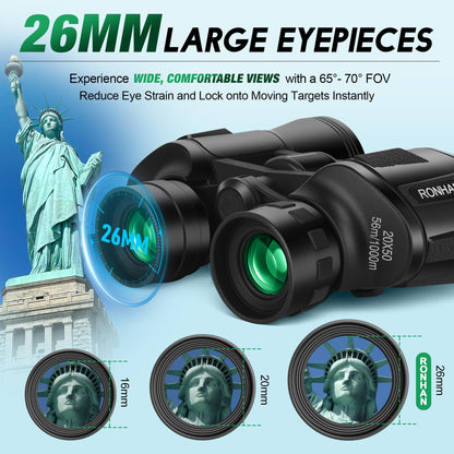 RONHAN Binoculars for Adults High Powered, Military Compact HD Professional/Daily Waterproof 20x50 Binoculars for Bird Watching Travel Hunting Football Games Stargazing with Carrying Case & Strap