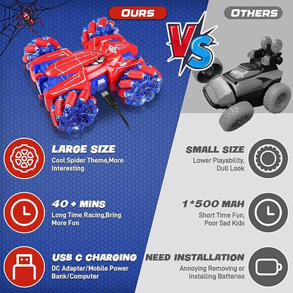 Spider RC Cars for 4 5 6 7 8 Year Old Boys - 2.4Ghz Rechargeable Double Sided Remote Control Stunt Car 360°Rotating 4WD Off-Road RC Drift Car with Light Birthday Xmas Gifts for Kids Age 4-6 5-7 8-12