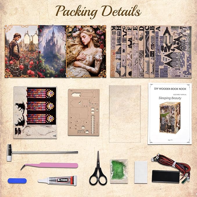 DIY Book Nook Kit for Adults 3D Wooden Puzzle Bookend Bookshelf Insert Decor with LED Light and Dust Cover (Sleeping Beauty)