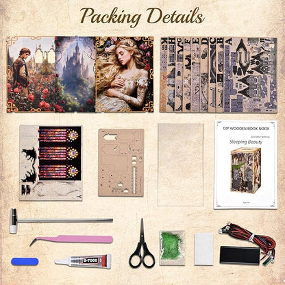 DIY Book Nook Kit for Adults 3D Wooden Puzzle Bookend Bookshelf Insert Decor with LED Light and Dust Cover (Sleeping Beauty)