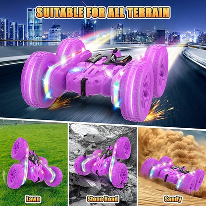 Remote Control Cars for Girls 2.4GHz RC Stunt Car with 360° Flips &amp Double Sided Driving LED Strip Lights and Headlights Changeable Wheels Birthday Gift for 5-12 Year Old Girls (Purple)
