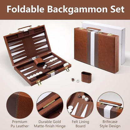 Backgammon Sets for Adults - 11 inch Classic Board Games for 2 Players Adults - Small Travel Backgammon Strategy Game Set with Premium Leather Case - Portable Backgammon Set Brown