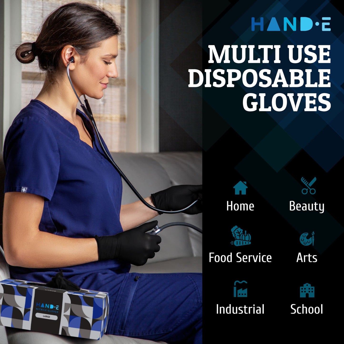 Hand-E Touch Black Nitrile Disposable Gloves XL 100 Count - Powder & Latex Free, Textured Fingertips, Heavy Duty Rubber Gloves for BBQ, Cooking, Tattoo, Hair Color, Cleaning
