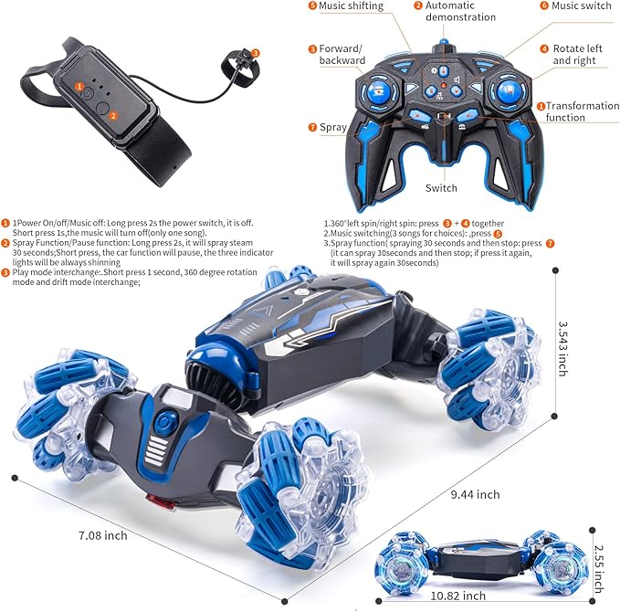 4WD Stunt Car 2.4 GHz Gesture Sensor RC Cars Double-Sided Vehicle 360° Flip RC Twist Buggy with Music Spray - Best Christmas and Birthday Present for Boys and Girls Aged 6-12 (Blue)