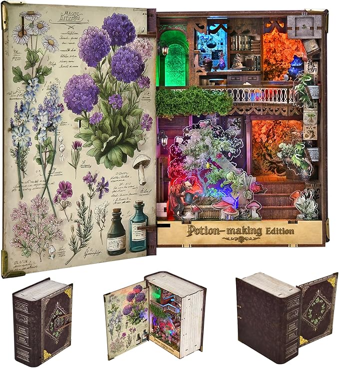 Book Nook Kit DIY Miniature Dollhouse Booknook Kit 3D Wooden Puzzle for Teens and Adults Bookend Bookshelf Insert Decor with LED Light (Potion-Making Edition)