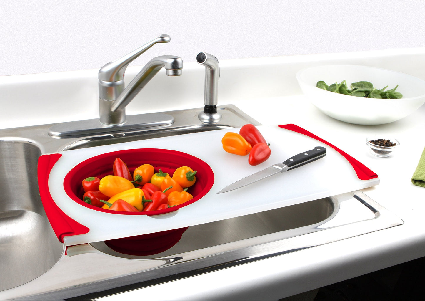 Dexas Over the Sink Poly Cutting Board with Collapsible Colander Strainer, 11.5 x 20",Natural/Red