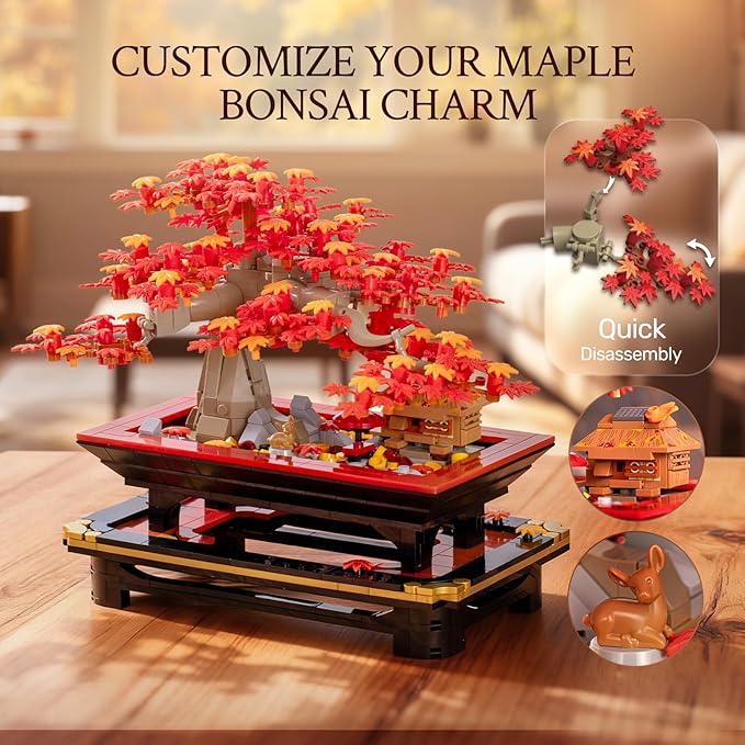 Wise Block Japanese Red Maple Bonsai Tree Building Toy Set for Adults - 900 Pcs Artificial Bonsai Tree Building Blocks for Adults Easter Gift for Women Set Home Office Decor