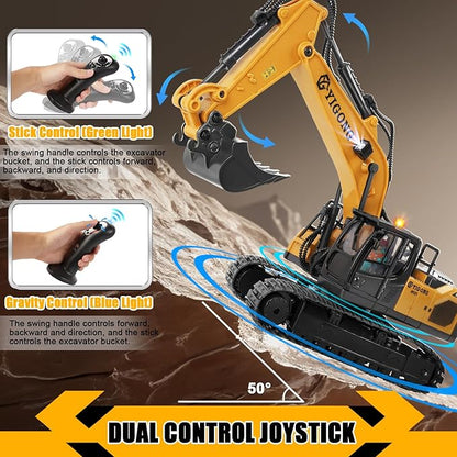 Remote Control Excavator for Boy 6 7 8 9 Years Old 2.4 GHz Gravity Controlled Excavator Toys with Lights Sound Rechargeable 11 CH RC Construction Vehicles Metal Shovel Gifts for Kids 6-12 Year Old