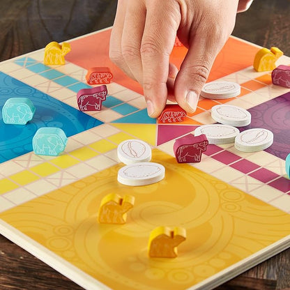 Pachisi: India's Game of Twenty-Five - Features 2-in-1 Modern and Traditional Rulesets - Double-Sided Board Game with Colorful Animal Pawns and Wooden Cowrie Shell - Family Game Night for 2-4 Players