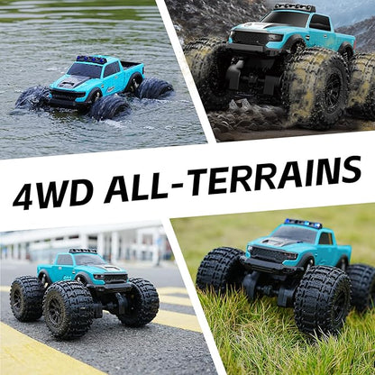 8816 1:12 Amphibious Remote Control Car with Full Proportional Steering-Fully Waterproof All Terrain RC Monster Truck for Kids 6-12+ 7.4V 4WD 2.4Ghz 60+ Min Dual Battery Blue