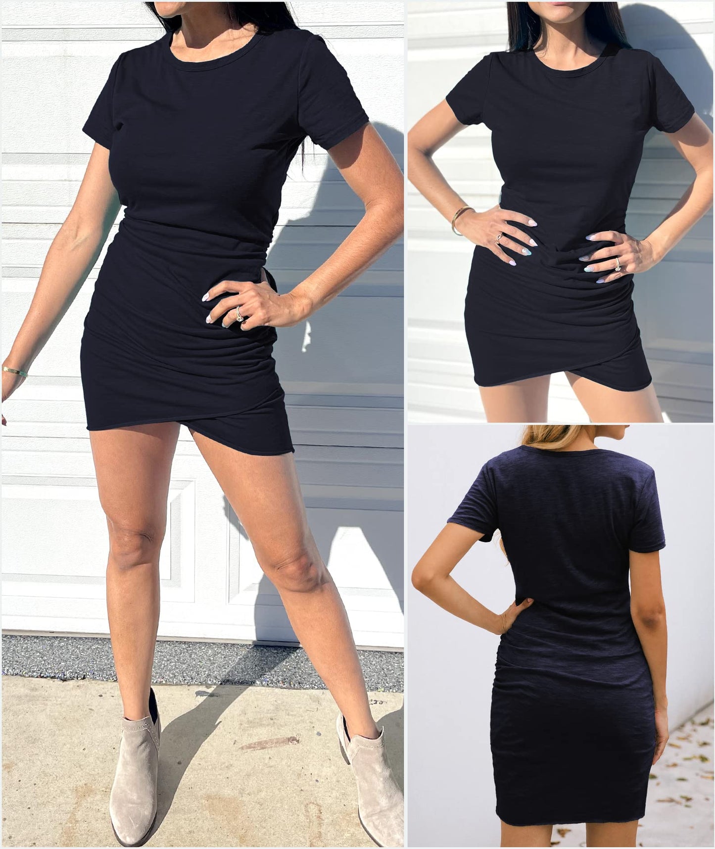 BTFBM Women's 2025 Summer Casual Beach Dresses Crew Neck Short Sleeve Wrap Party Club Mini Ruched Bodycon T Shirt Dress(Navy, Medium)